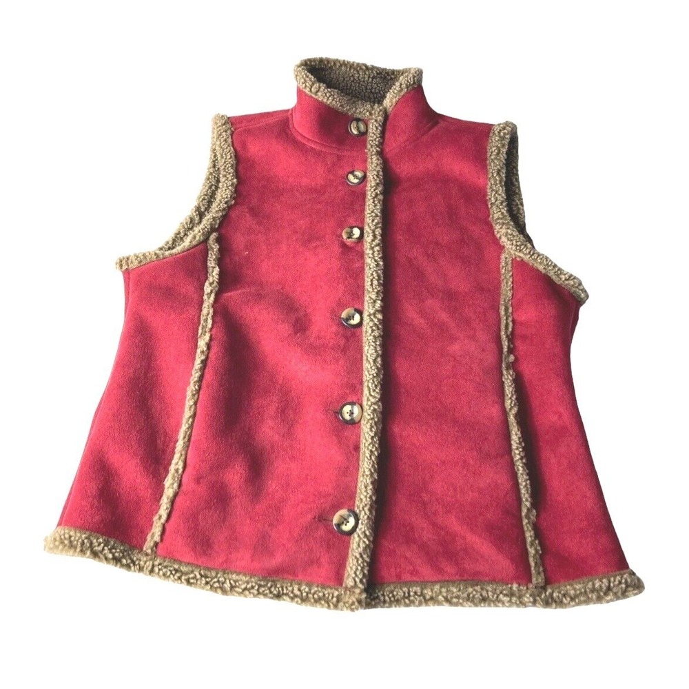 L.L. Bean Womens Med Vest Faux Sherpa Lined Suede Red Tan Button Front Outdoors